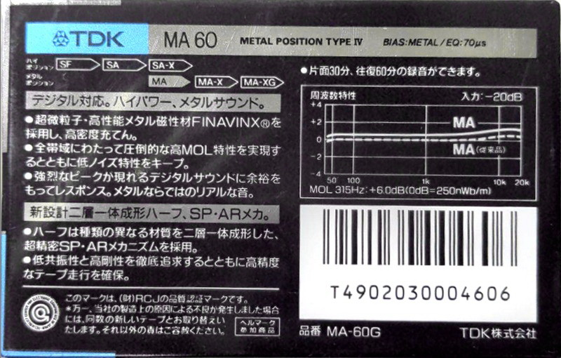 Compact Cassette TDK MA 60 "MA-60G" Type IV Metal 1987 Japan