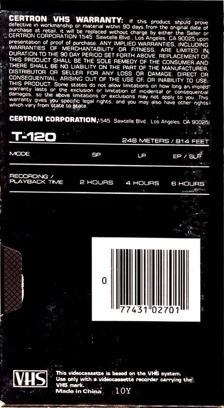 VHS, Video Home System Certron 120 Type I Normal USA
