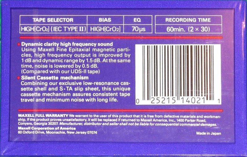 Compact Cassette Maxell UDX-II 60 Type II Chrome 1986 USA