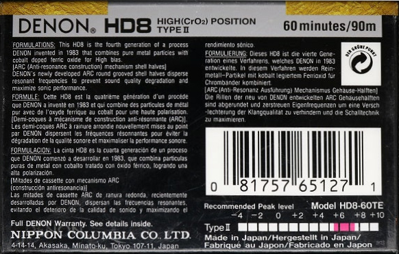 Compact Cassette Denon HD8 60 "HD8-60TE" Type II Chrome 1992 Worldwide