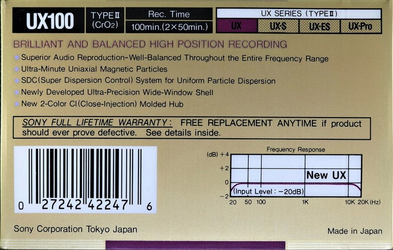 Compact Cassette Sony UX 100 Type II Chrome 1988 USA