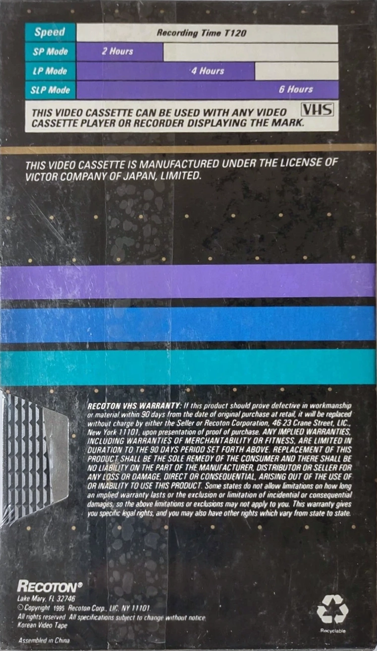 VHS, Video Home System Recoton 120 Type I Normal 1995 USA