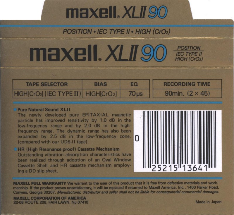 Compact Cassette Maxell XLII 90 Type II Chrome 1986 USA
