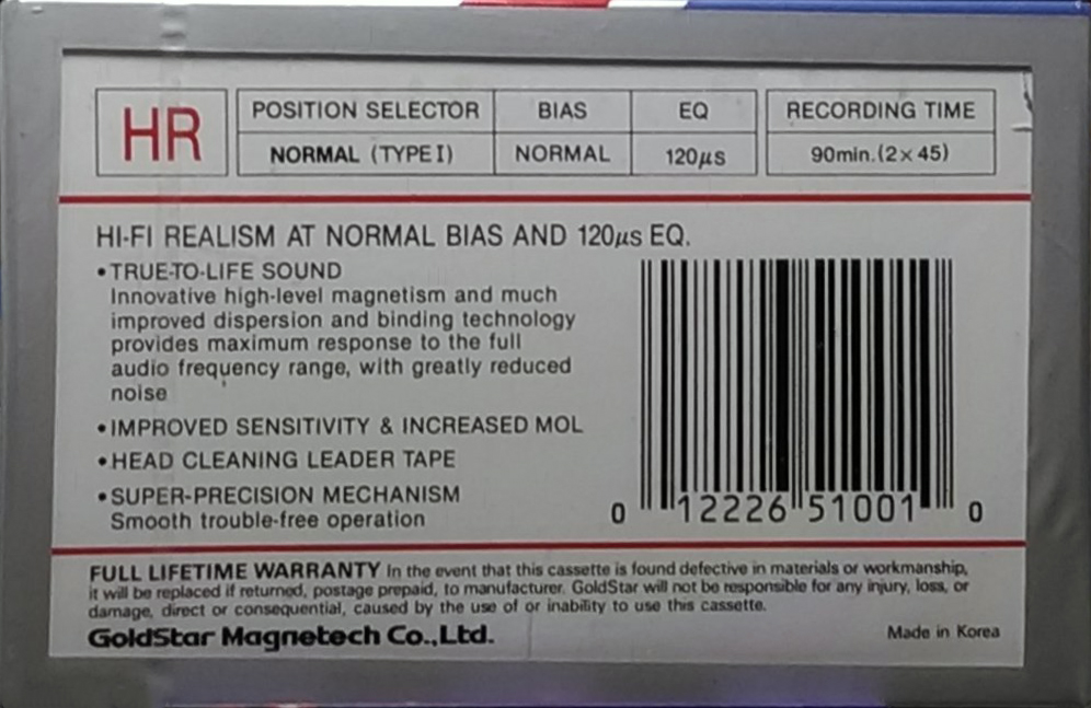 Compact Cassette Goldstar HR 90 Type I Normal 1987 USA