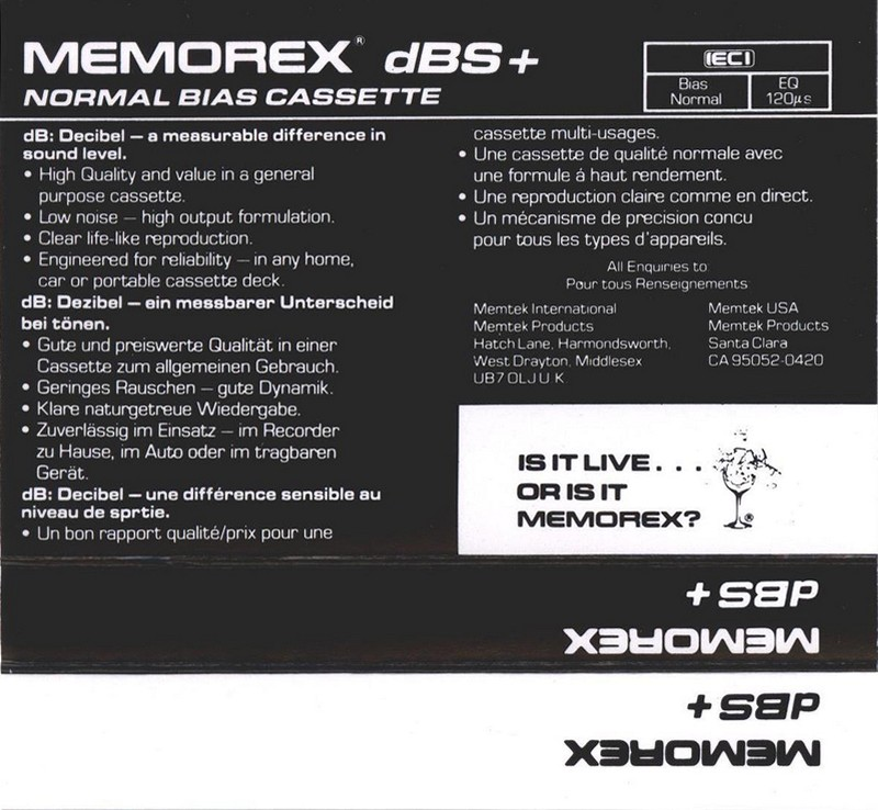 Compact Cassette Memorex dBS+ 60 Type I Normal 1989 Europe