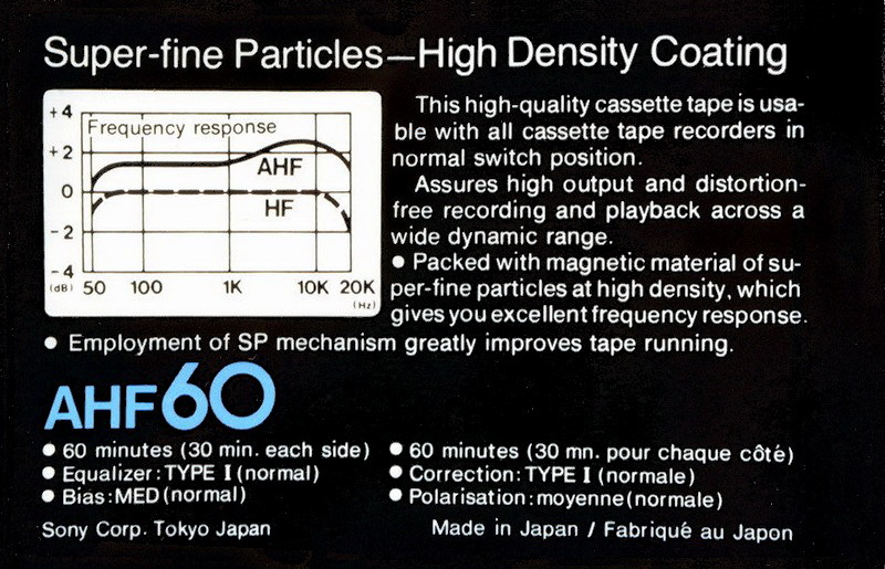 Compact Cassette Sony AHF 60 Type I Normal 1978 North America