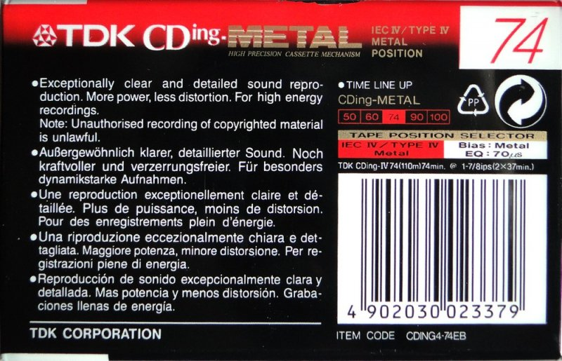 Compact Cassette TDK CDing Metal 74 "CDING4-74EB" Type IV Metal 1997 Europe