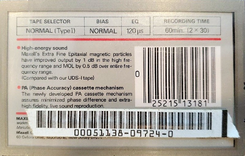 Compact Cassette Maxell XLI 60 Type I Normal 1984 USA