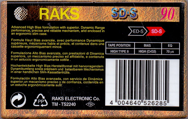 Compact Cassette RAKS SD-S 90 Type II Chrome 1993 Europe