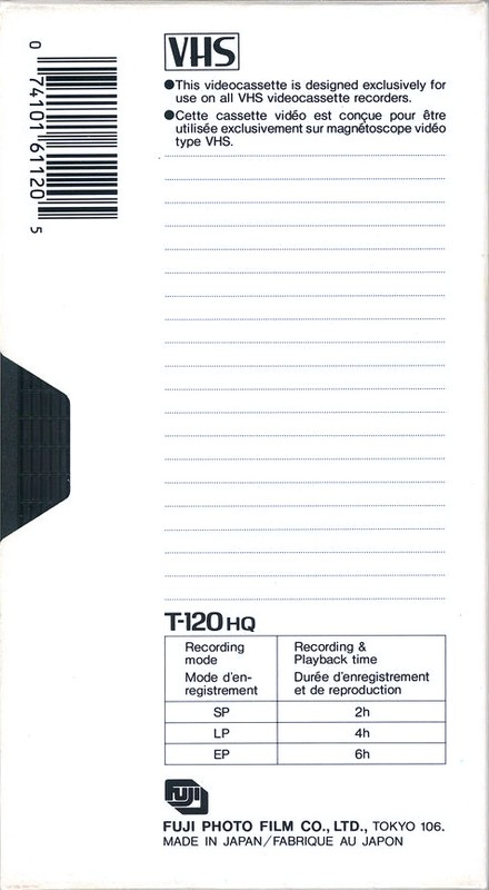 VHS, Video Home System Fuji HQ 120 "T-120HQ" Type I Normal 1987 Canada, USA