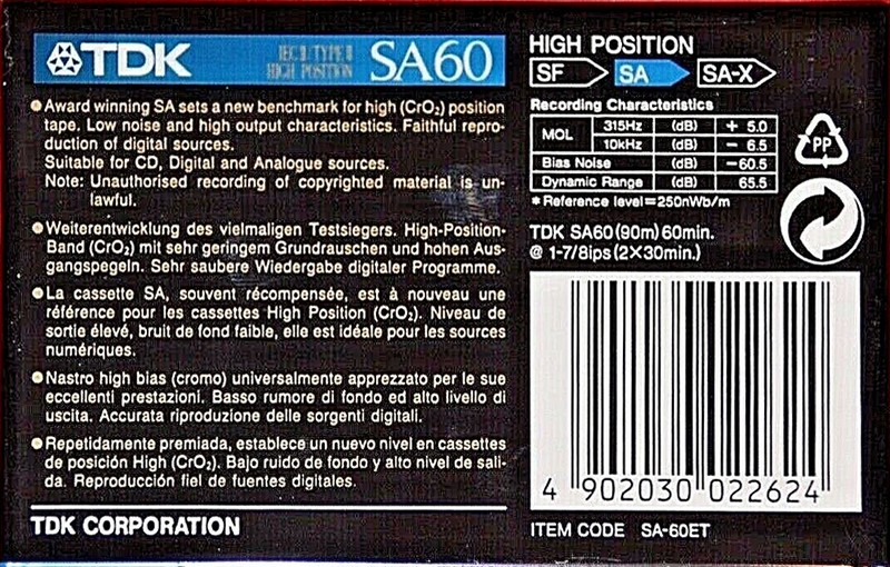 Compact Cassette TDK SA 60 "SA-60ET" Type II Chrome 1992 Europe