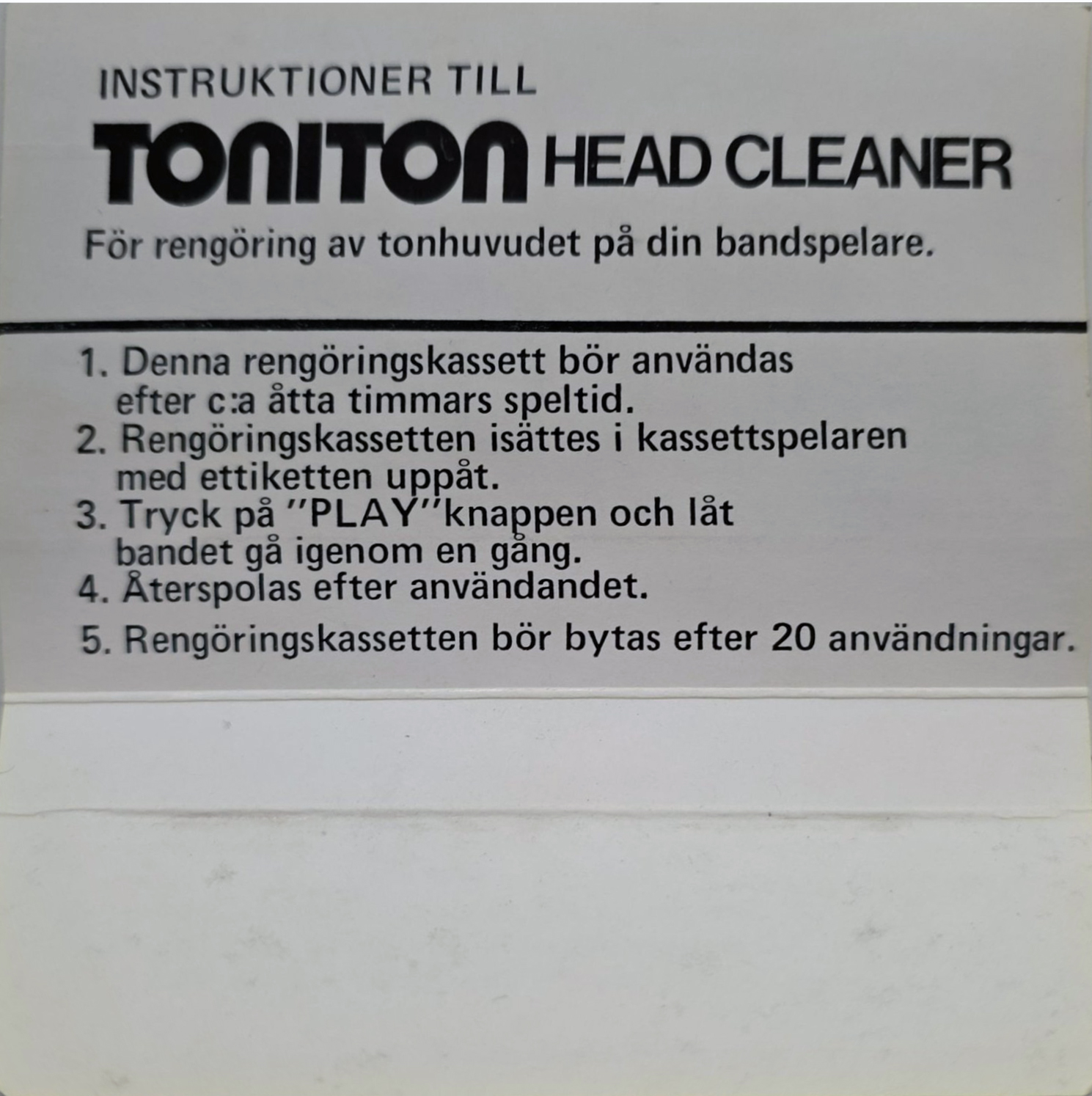 Compact Cassette Toniton Cleaning Cassette 1970 Sweden