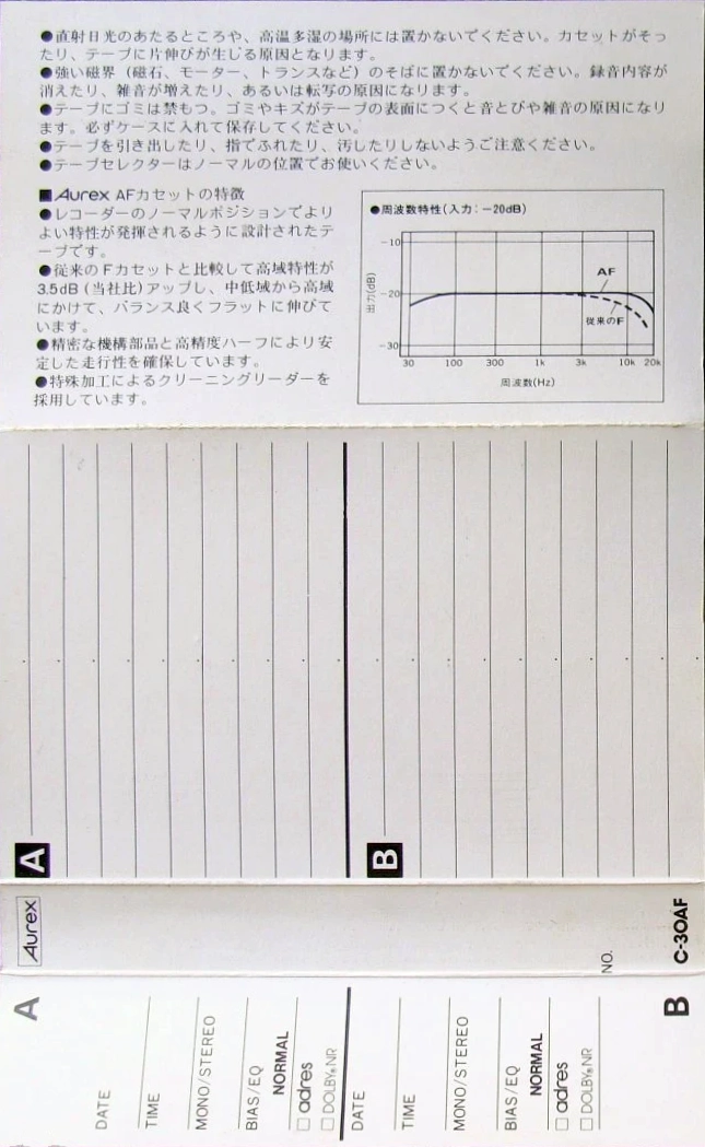 Compact Cassette Aurex AF 30 Type I Normal 1980 Japan