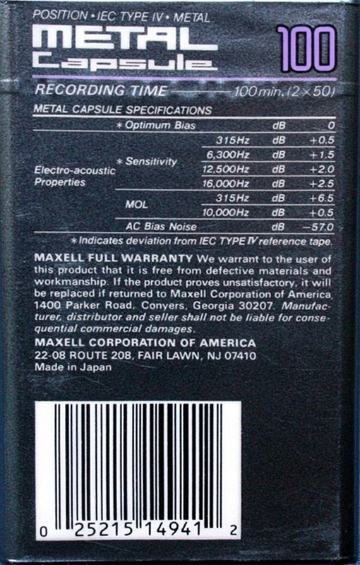 Compact Cassette Maxell Capsule Metal 100 Type IV Metal 1990 USA