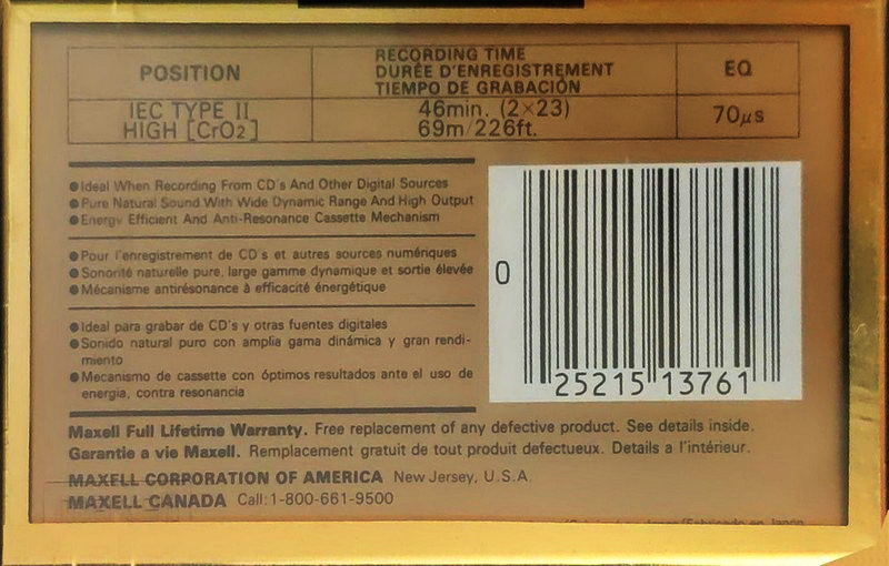 Compact Cassette Maxell XLII 46 Type II Chrome 1994 North America