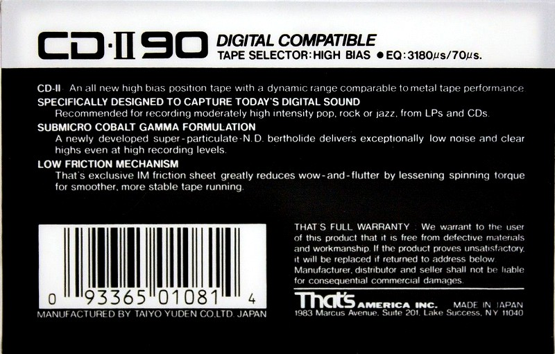 Compact Cassette Thats CD 90 "CD-II" Type II Chrome 1987 USA