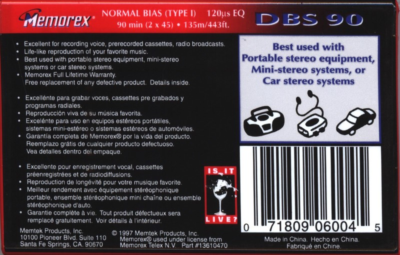 Compact Cassette Memorex dBS 90 Type I Normal 1997 North America