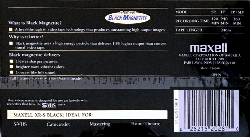 VHS, Video Home System Maxell XR-S Black 120 "ST-120XR-S(B)F" Type I Normal USA