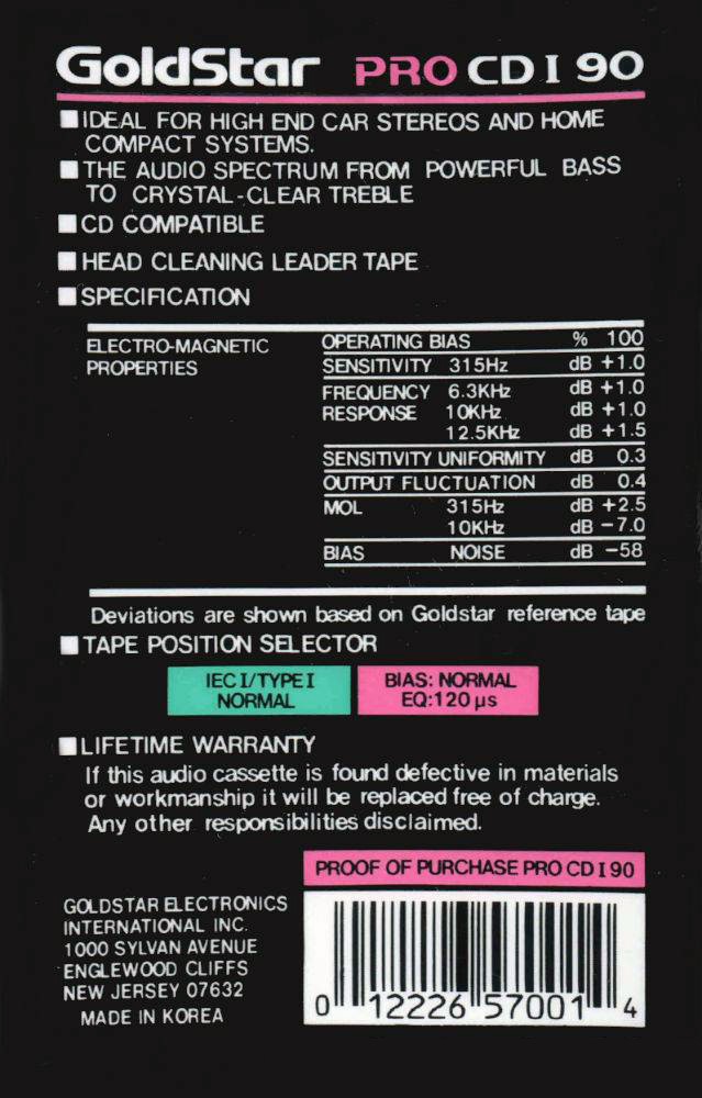 Compact Cassette Goldstar PRO CD 90 Type I Normal 1991 USA