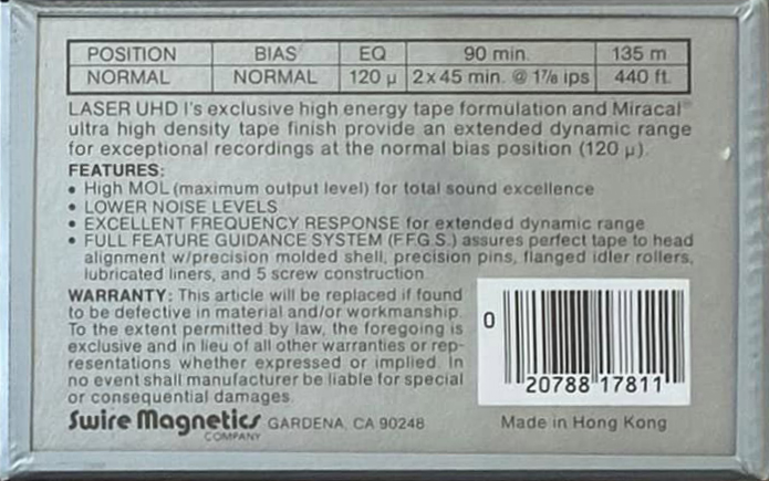 Compact Cassette Laser UHD I 90 Type I Normal 1991 USA