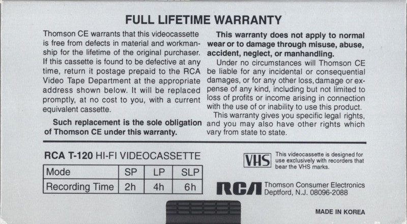 VHS, Video Home System RCA 120 Type I Normal 1986 USA