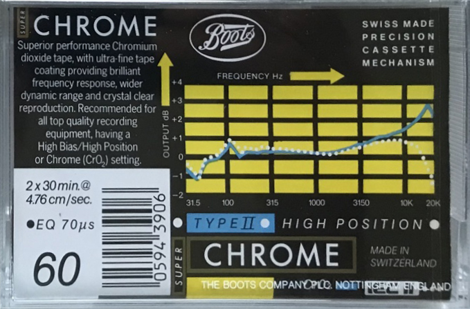 Compact Cassette Boots / Boots Audio Super Chrome 60 Type II Chrome 1986 UK