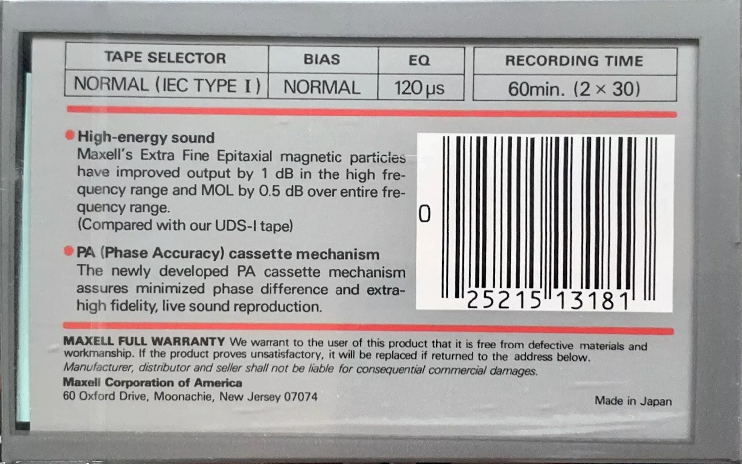 Compact Cassette Maxell XLI 60 Type I Normal 1985 USA