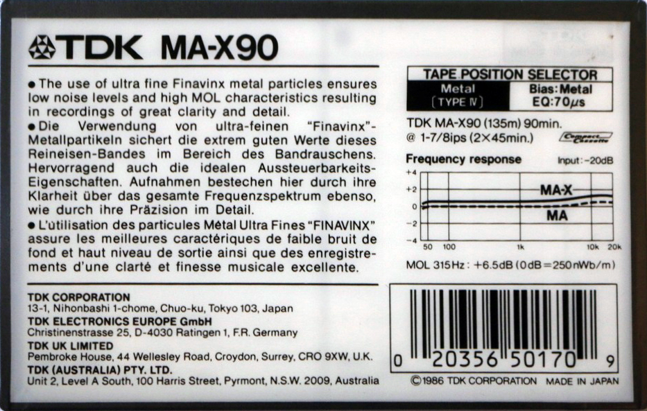 Compact Cassette TDK MA-X 90 Type I Normal 1986 Worldwide