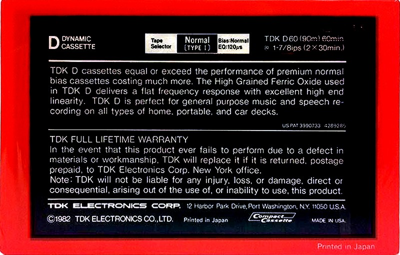 Compact Cassette TDK D 60 Type I Normal 1982 USA