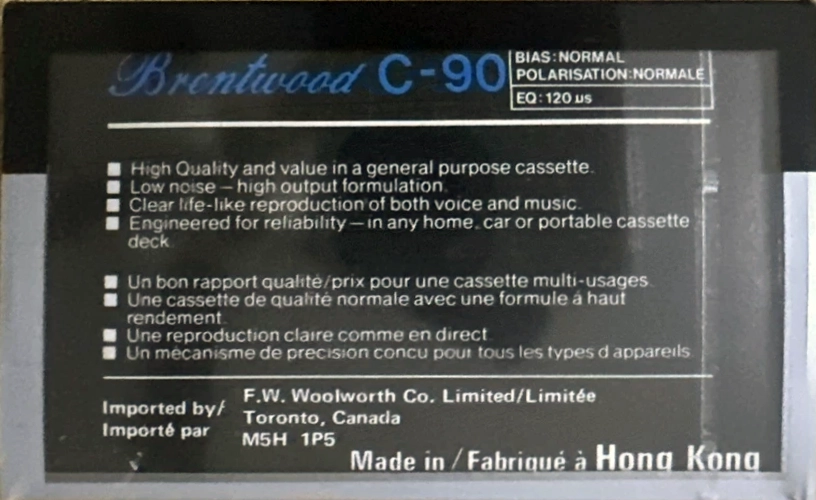 Compact Cassette Brentwood 90 Type I Normal Canada