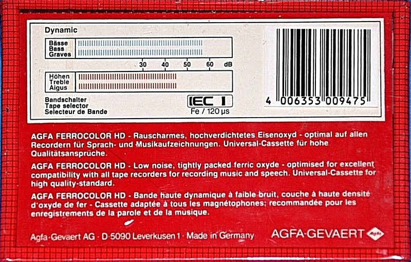 Compact Cassette AGFA Ferrocolor HD 60+6 Type I Normal 1985 Europe