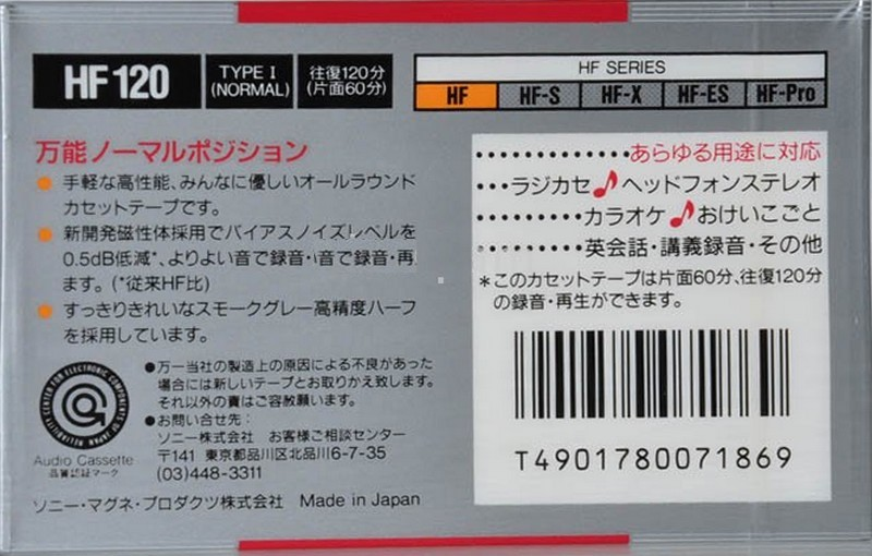 Compact Cassette Sony HF 120 Type I Normal 1988 Japan