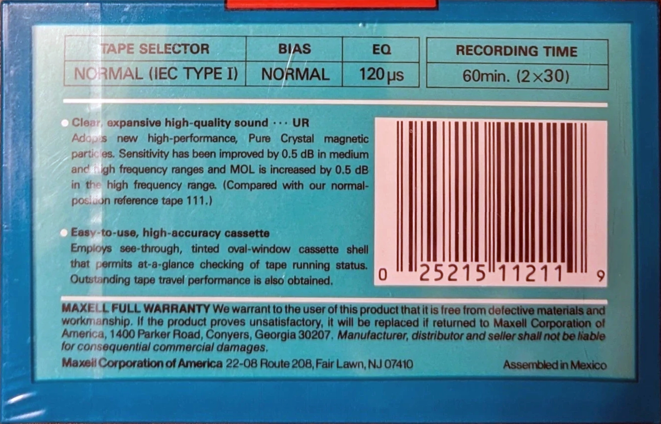 Compact Cassette Maxell UR 60 Type I Normal 1992 USA