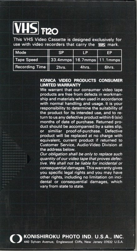 VHS, Video Home System Konica 120 Type I Normal USA