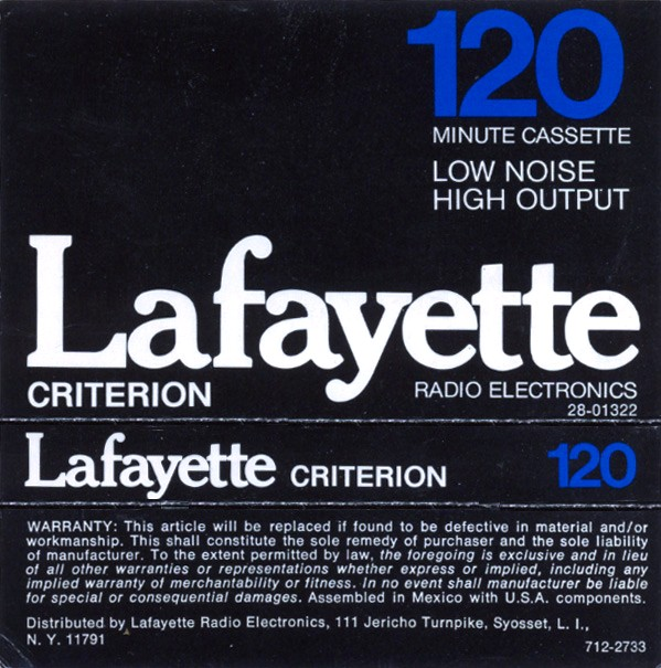 Compact Cassette Lafayette/LRE Criterion 120 Type I Normal USA