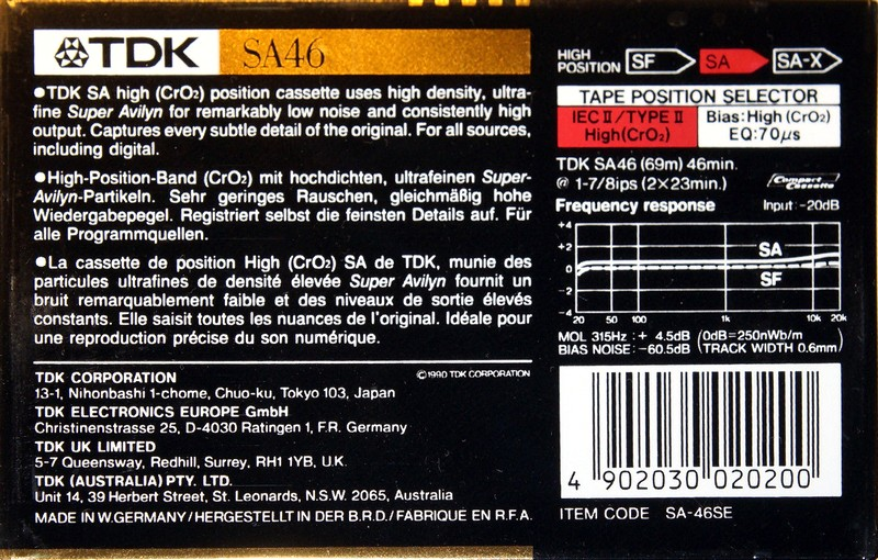 Compact Cassette TDK SA 46 "SA-46SE" Type II Chrome 1990 Australia, Europe