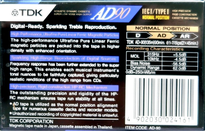Compact Cassette TDK AD 90 "AD-90" Type I Normal 1992 Thailand