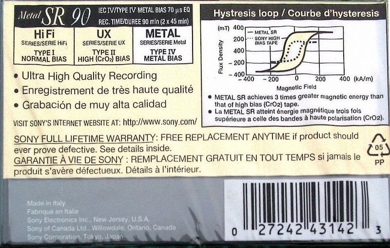 Compact Cassette Sony Metal SR 90 Type IV Metal 1996 North America