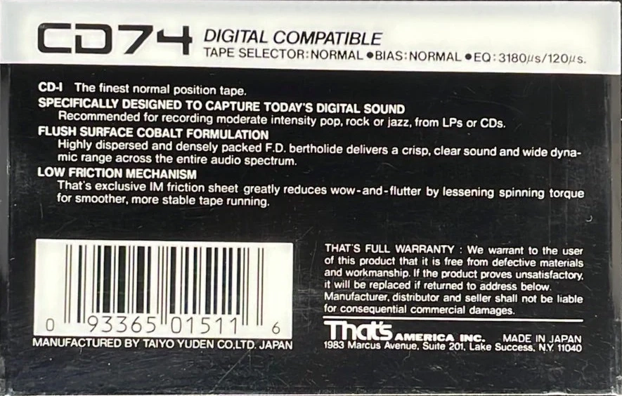 Compact Cassette Thats CD 74 "CD-I" Type I Normal 1987 USA