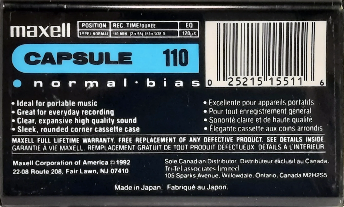 Compact Cassette Maxell Capsule 110 Type I Normal 1992 North America