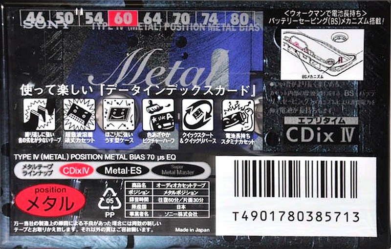 Compact Cassette Sony CDix IV 60 "C-60CDX4D" Type IV Metal 1996 Japan