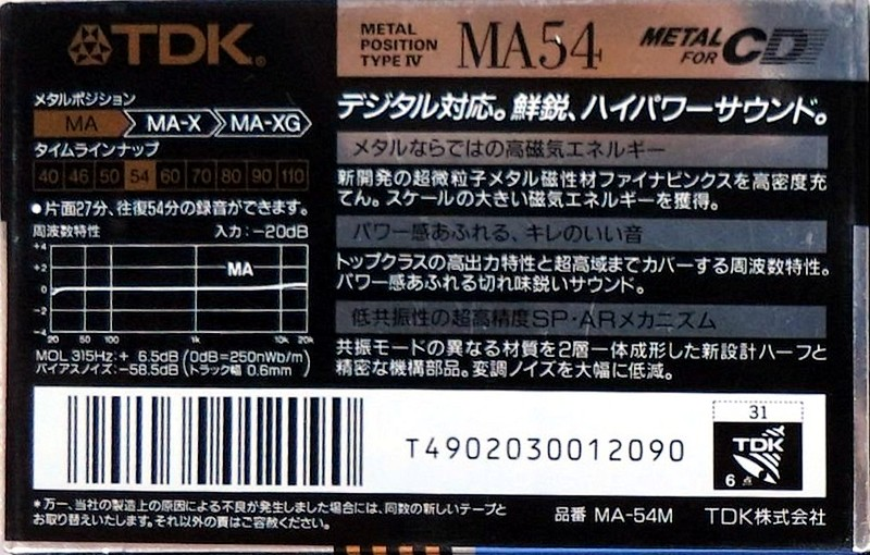 Compact Cassette TDK MA 54 "MA-54M" Type IV Metal 1990 Japan