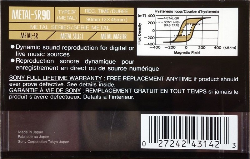 Compact Cassette Sony Metal SR 90 Type IV Metal 1990 Canada, USA