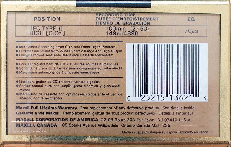 Compact Cassette Maxell XLII 100 Type II Chrome 1993 North America