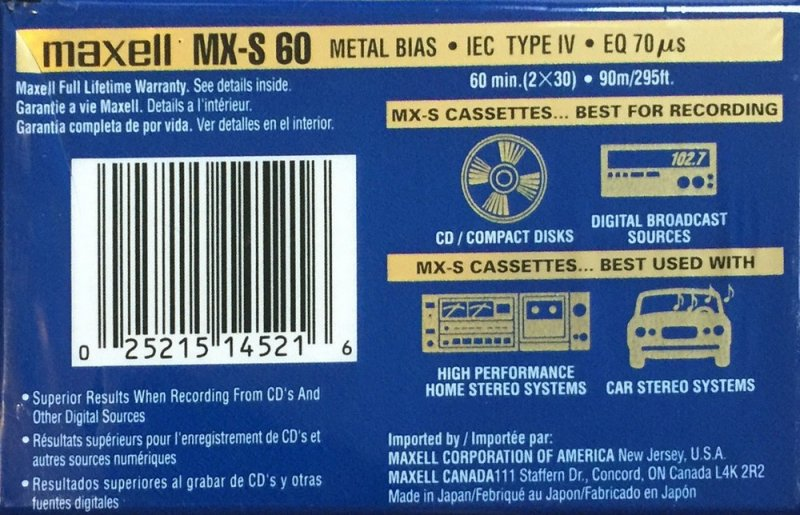 Compact Cassette Maxell MX-S 60 Type IV Metal 1998 North America