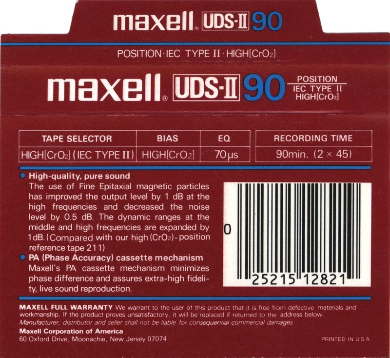 Compact Cassette Maxell UDS 90 "UDS-II" Type II Chrome 1985 USA