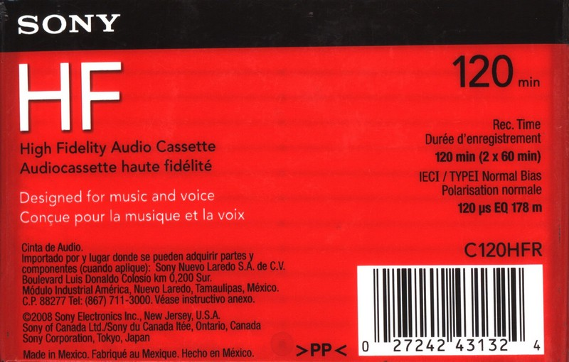 Compact Cassette Sony HF 120 "C120HFR" Type I Normal 2008 North America
