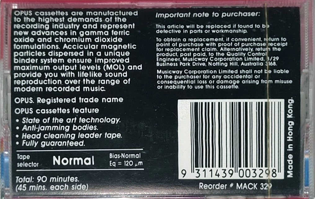 Compact Cassette Opus FE 90 Type I Normal 1991 Australia