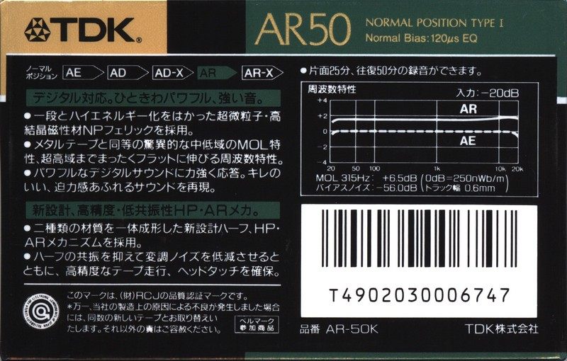 Compact Cassette TDK AR 50 "AR-50K" Type I Normal 1988 Japan