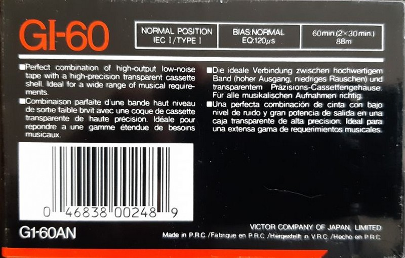 Compact Cassette JVC GI 60 "G1-60AN" Type I Normal 1990 North America